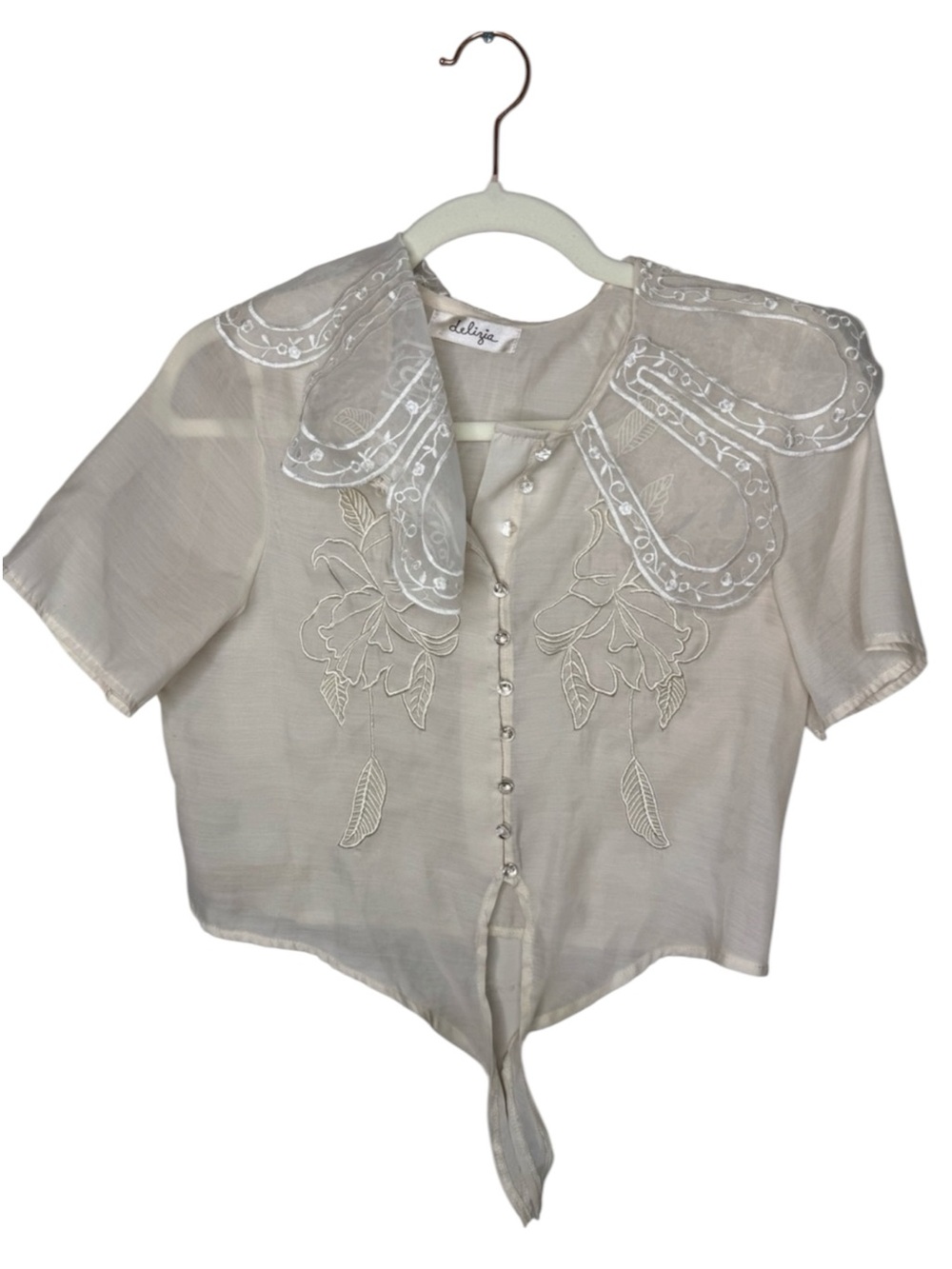 Vintage Delicate Embroidered Cream Tie-Front Blouse With Fairy Wing Collar